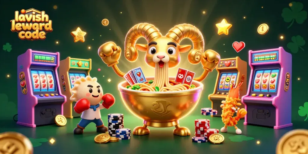 Engage with the lavish luck reward code in a vibrant 3D casino scene filled with game elements and characters.