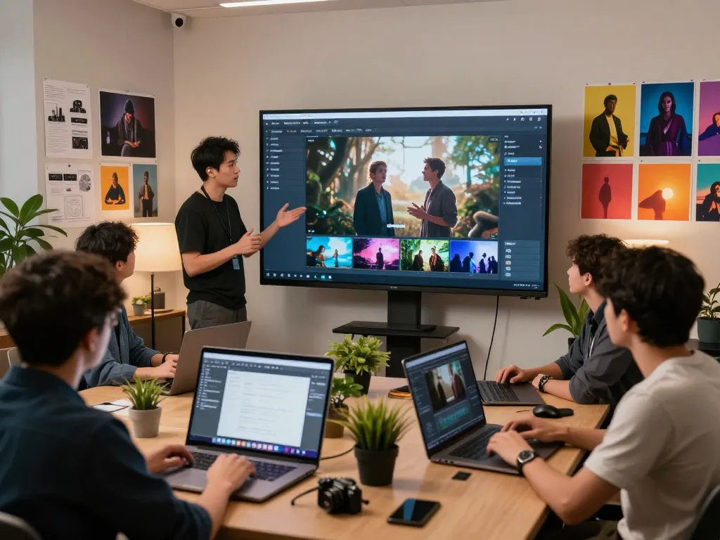 Creating with seedance 2.0 in a vibrant video production studio, diverse team collaborating on AI-generated narratives.