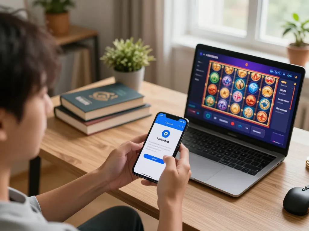 Melibatkan diri dalam log masuk aplikasi 100cuci pada telefon pintar, mempamerkan permainan slot yang ceria di ruang tamu yang selesa