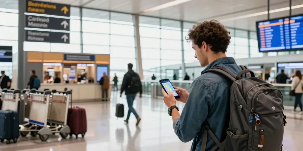 נסיעה עם esim לחו"ל בנמל תעופה בינלאומי, מטייל עם תיק גב גדול משקיף על טלפון חכם עם מפה.