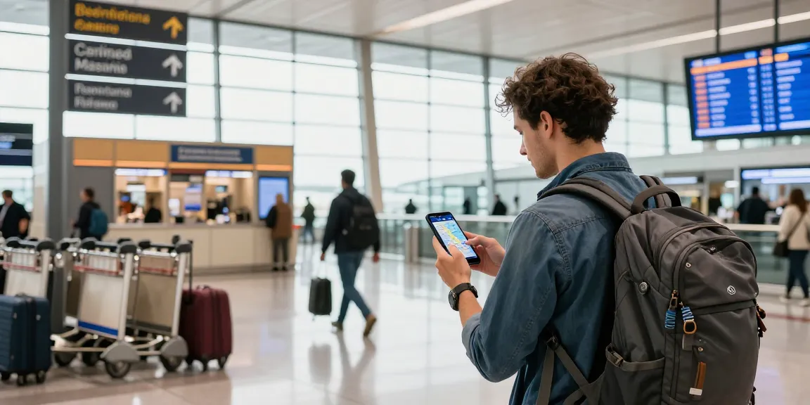 נסיעה עם esim לחו"ל בנמל תעופה בינלאומי, מטייל עם תיק גב גדול משקיף על טלפון חכם עם מפה.