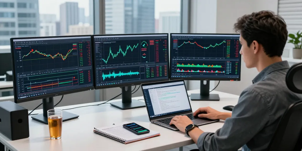 Trader using MetaTrader 4 with multiple screens showing forex charts and automated trading systems.