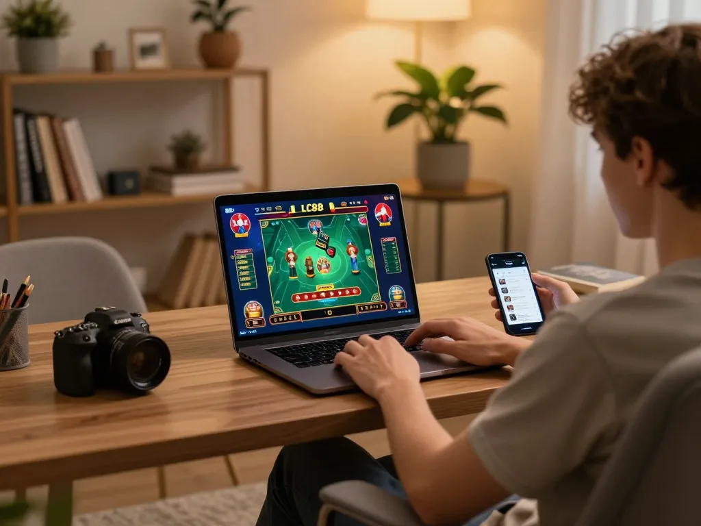 Engaged player enjoying an online game at LC88 casino, highlighting mobile app interface and laptop gaming setup.