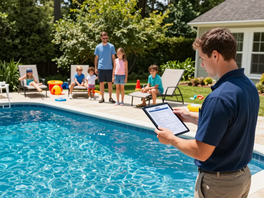 Dolphin Pool Services technician inspecting a family pool, ensuring quality maintenance.