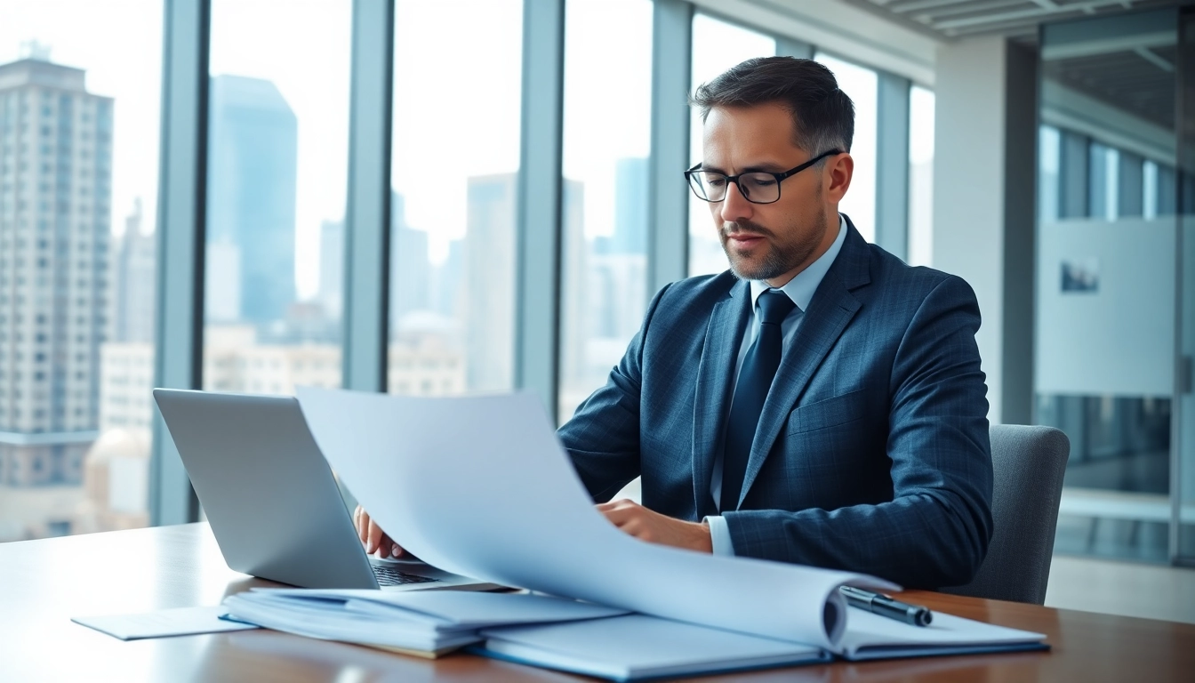 Consultant analyzing Federal and State contracts and grants with documents and a laptop in a bright office.