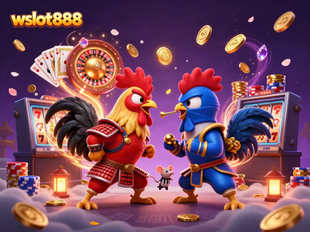 Permainan wslot888 dengan ayam jantan bertarung di arena kasino online yang memukau.