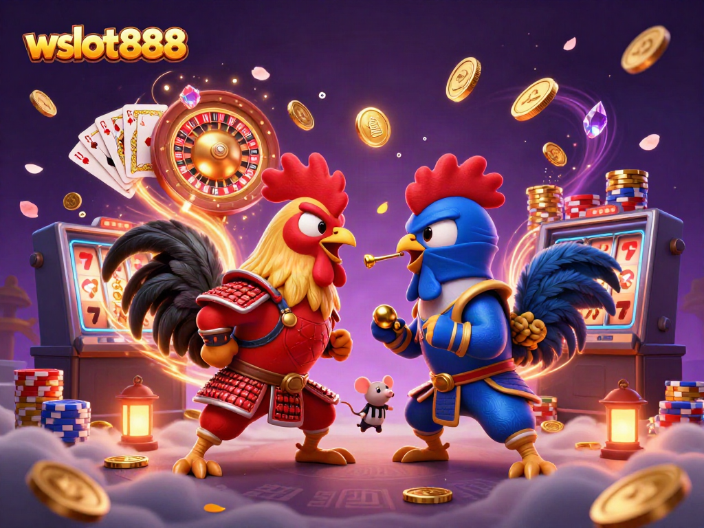 Permainan wslot888 dengan ayam jantan bertarung di arena kasino online yang memukau.
