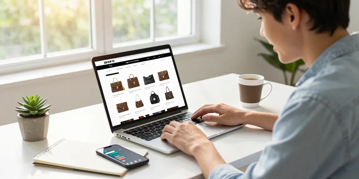 Shopping on a stylish 레플리카 사이트 showcasing luxury replicas in a bright home office.