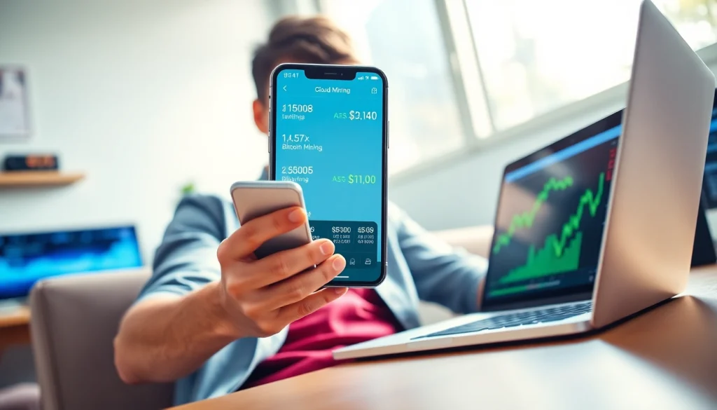 Engaging mobile user exploring the cloud mining app for Bitcoin earnings.