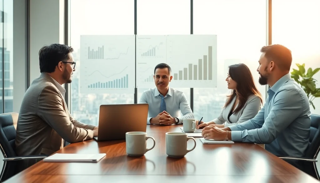 카드 한도 현금화 방법에 대해 상담하는 전문가와 고객들이 있는 현대적인 사무실의 모습입니다.