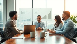 카드 한도 현금화 방법에 대해 상담하는 전문가와 고객들이 있는 현대적인 사무실의 모습입니다.