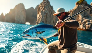 Engaging scene of wahoo fishing Cabo San Lucas with a fisherman catching a vibrant wahoo fish.