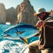 Engaging scene of wahoo fishing Cabo San Lucas with a fisherman catching a vibrant wahoo fish.