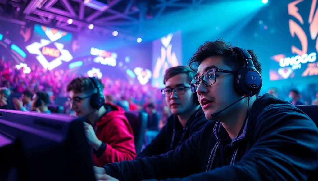 Permainan Unogg game yang menarik perhatian, dengan pemain fokus dalam arena esports yang bersemangat.