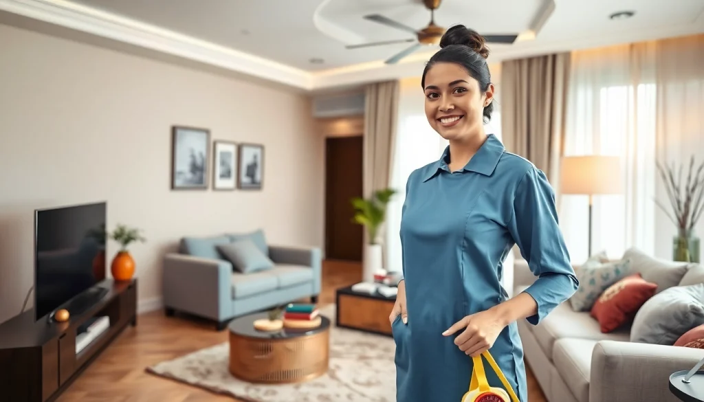 Domestic Helper Dubai gracefully organizing a cozy living space showcasing culture and care.