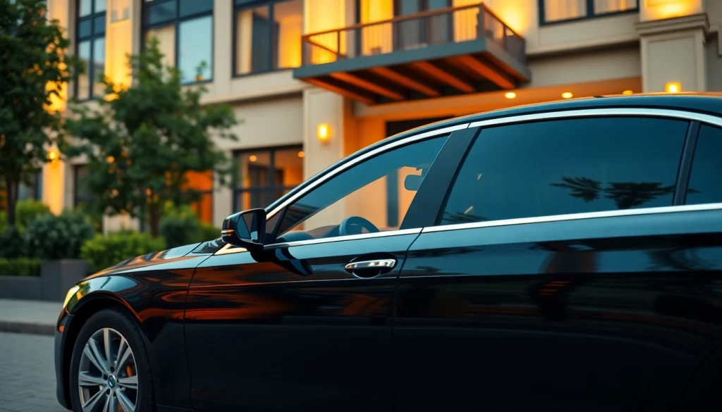 Experience premium Chauffeur Hire in a luxurious black sedan outside a high-end hotel.