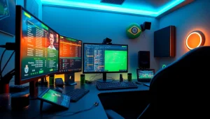 Highlighting the best sportsbooks in Brazil with a dynamic sports betting setup featuring monitors and memorabilia.
