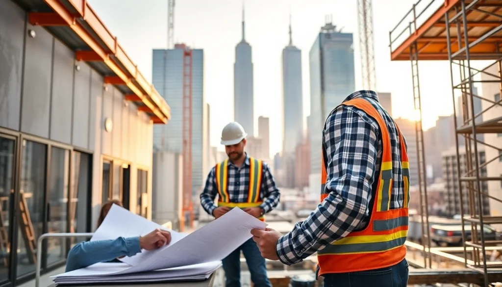 Manhattan Commercial General Contractor managing a busy construction site with skyline view.