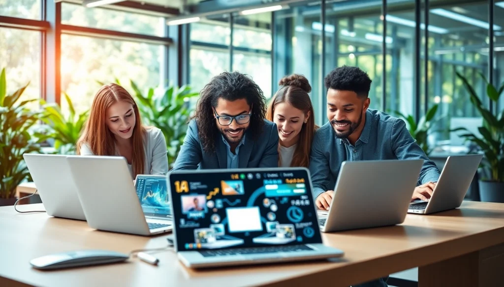 Showcasing technology collaboration in a professional modern office environment.