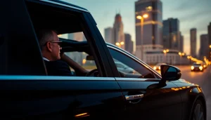 Experience Chauffeur Hire with a professional chauffeur in a luxurious sedan against a city skyline.