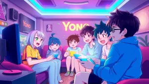 Engage with Yono games in an exciting gaming room filled with vibrant colors and joyful players.