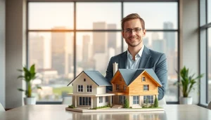 Showcase a real estate agent presenting a model home in a vibrant office space