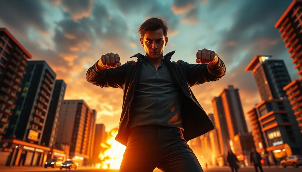 Bayside Boom action scene showcasing a heroic figure ready for conflict in a bustling city at sunset.