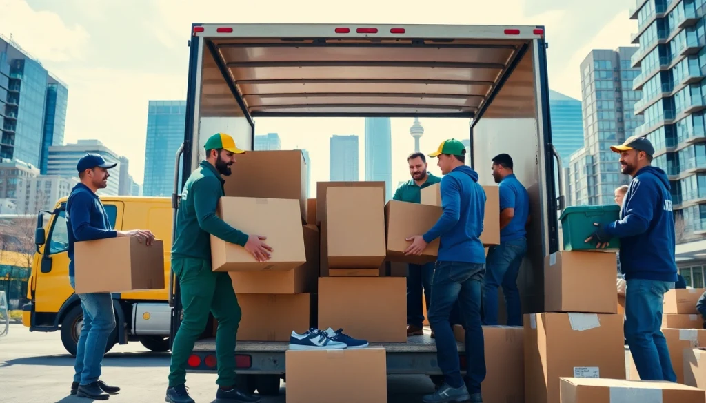 Efficient Toronto movers loading furniture into a truck amidst the city's skyline.