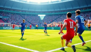 해외축구중계 생중계를 위한 선수들이 움직이고 있는 경기장 모습