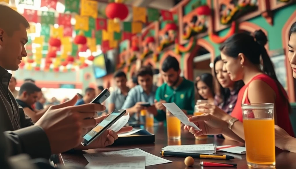 Engaging scene showcasing the best sports betting sites Mexico with a diverse group of people actively placing bets.