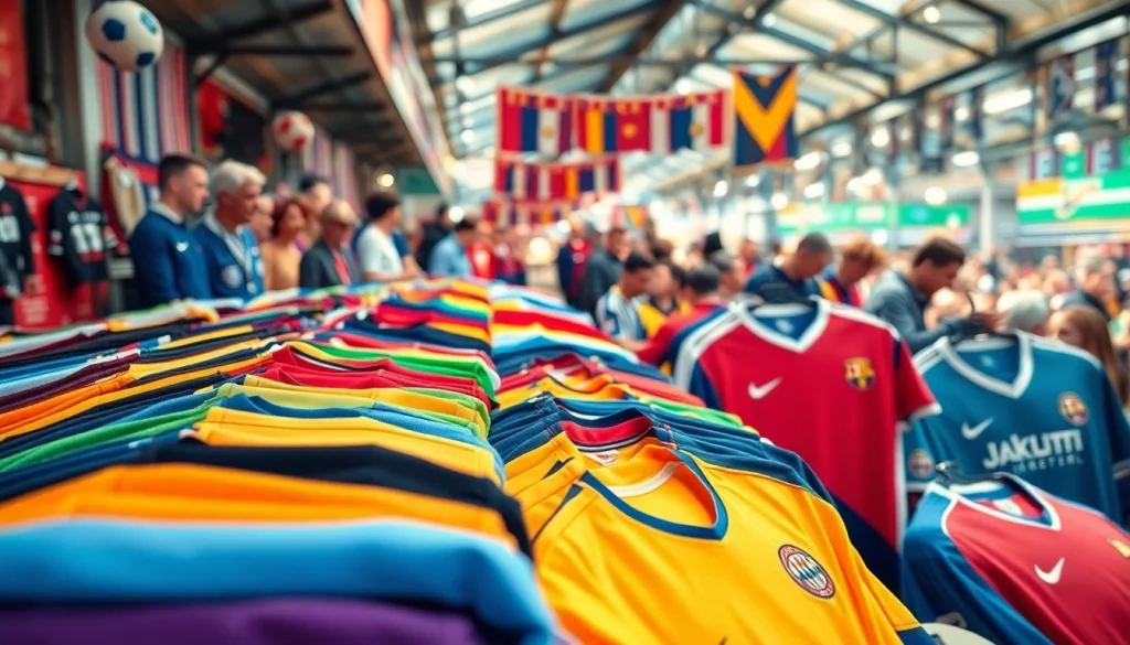 Explore discount football shirts displayed vibrantly at a market stall, showcasing team colors and designs.