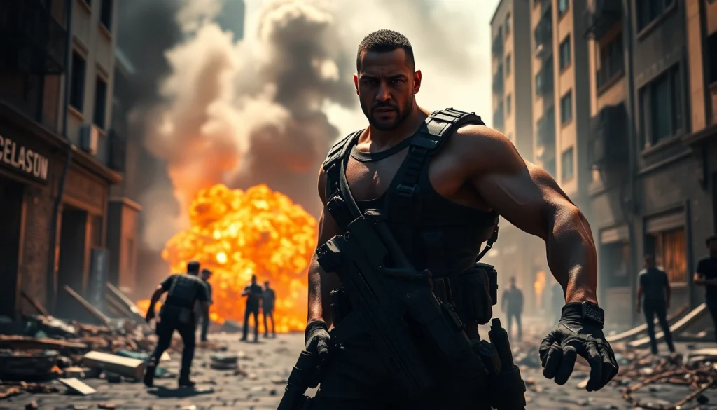 Bayside Boom action scene featuring Orlando Black amid chaos in an urban environment.