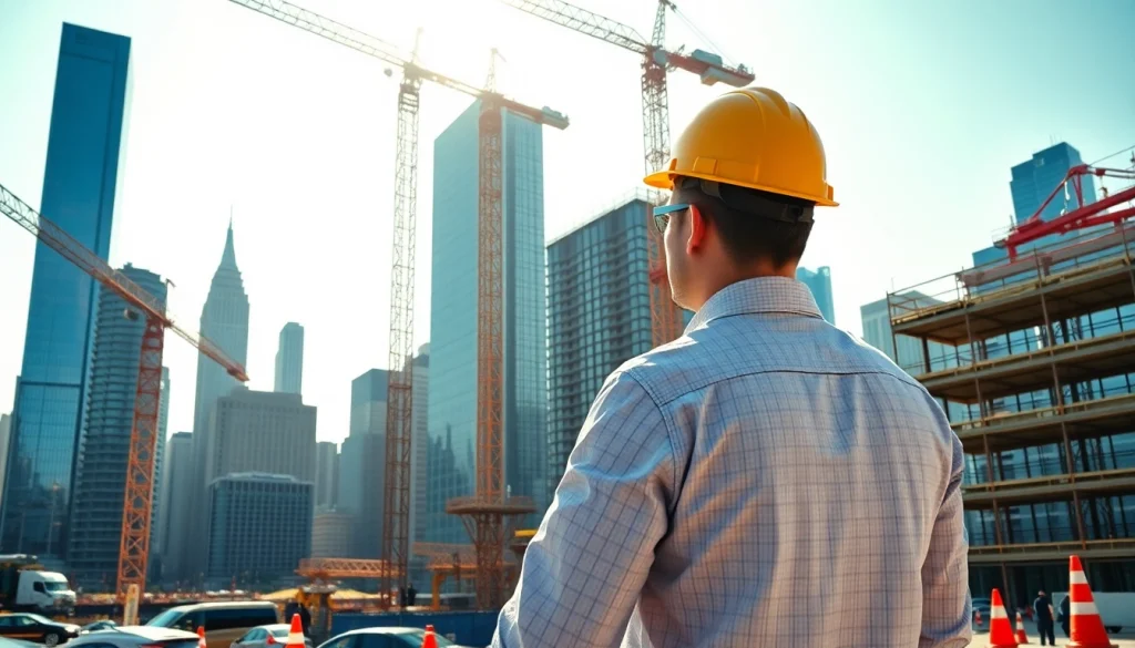 New York Construction Manager supervising an active construction site in Manhattan with cranes and blueprints.