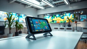 Showcase the Freedom X AI game maker in a bright, modern workspace with vibrant graphics and a creative atmosphere.