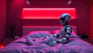 A humanoid robot in a warm-lit bedroom, embodying the concept of ai sex through intimate companionship.