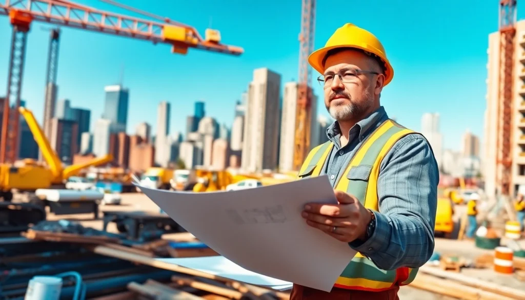 Manhattan General Contractor supervising urban construction project with blueprints and workers.