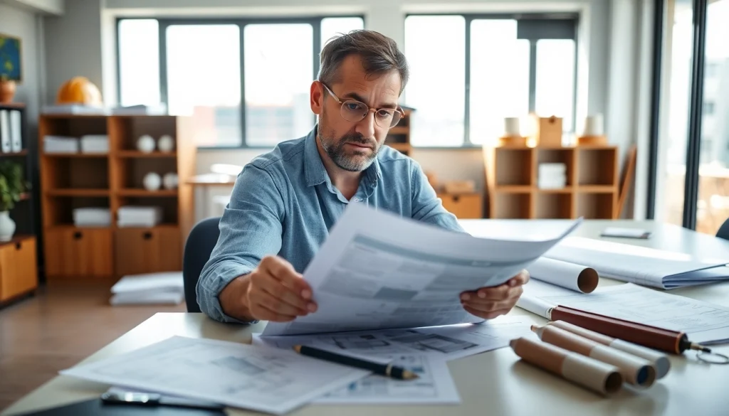 Contractor analyzing das 140 submission forms in a bright office setting.