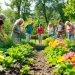 The ultimate gardening benefits depicted through joyful interactions in a vibrant community garden, showcasing growth and health.