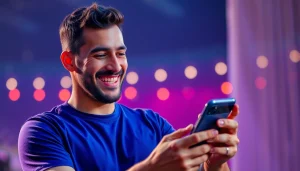 O jogador utilizando a casa de apostas Bet da Sorte no smartphone em um ambiente vibrante.