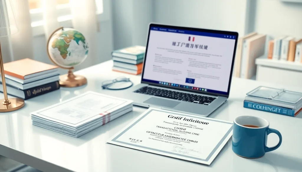 traducteur assermenté chinois travaillant dans un bureau professionnel avec des documents de traduction et un ordinateur portable