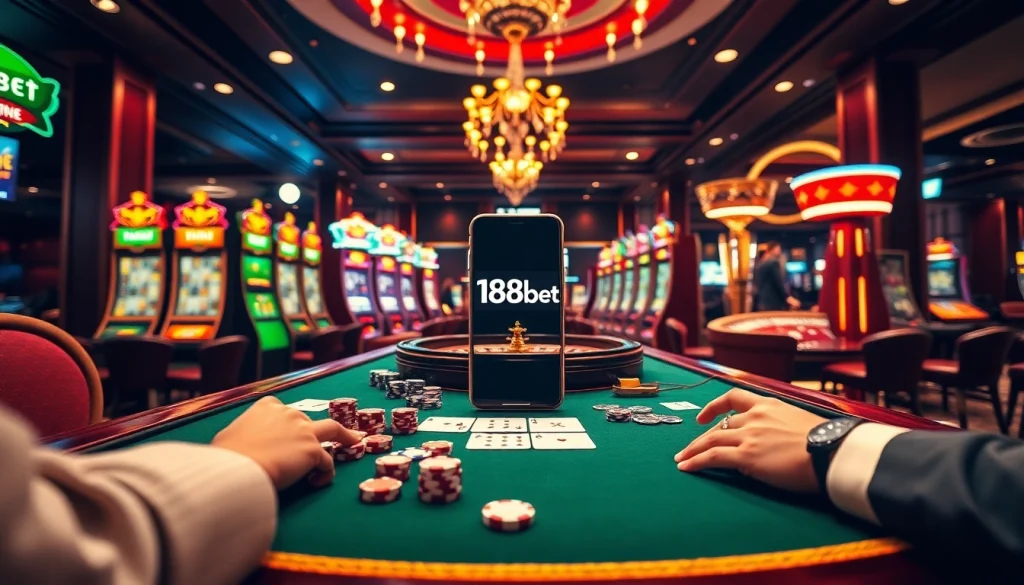 Play at link 188bet with excitement at a vibrant casino table filled with chips and cards.