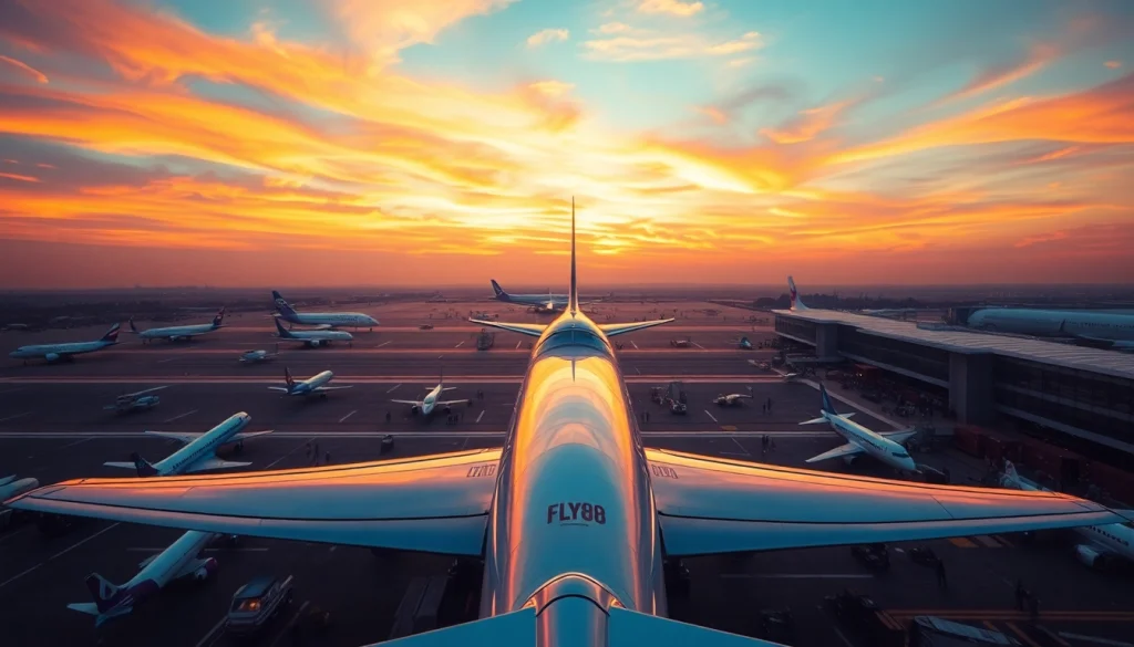 Experience aviation excitement with FLY88's vibrant aerial view of a busy airport.