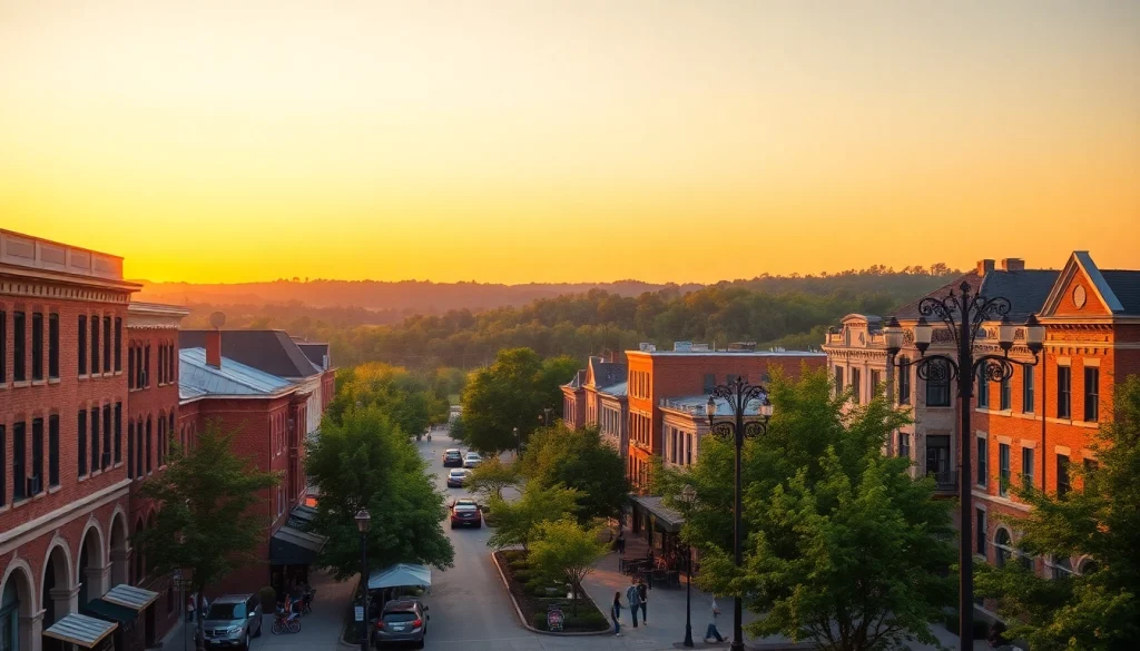 View of Clarksburg's vibrant downtown during sunset with historic buildings and parks.
