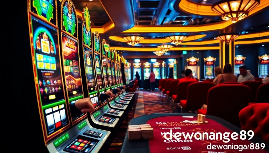 Para pemain meraih kemenangan besar di mesin slot dewanaga89 dalam suasana kasino yang hidup.