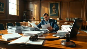 Soudní překladatel diligently translating legal documents in a professional courtroom environment.