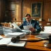Soudní překladatel diligently translating legal documents in a professional courtroom environment.