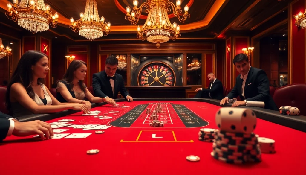 Baccarat table action at https://xx88.us/, featuring luxurious decor and players in a thrilling casino atmosphere.