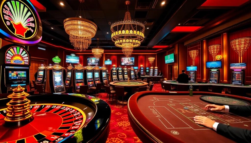 Engaging casino atmosphere at https://ev88.claims/ showcasing roulette and poker action with vibrant colors.