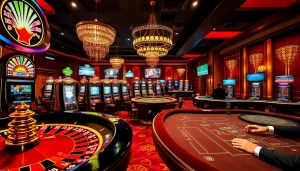 Engaging casino atmosphere at https://ev88.claims/ showcasing roulette and poker action with vibrant colors.