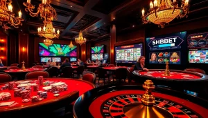 Experience the excitement of SHBET.LAW with a vibrant casino image filled with gaming elements.